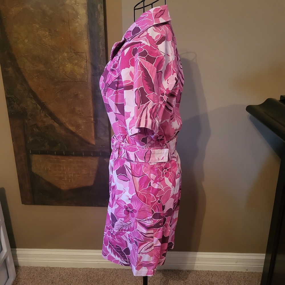 Pink Floral Belted Shirt Dress with Collar - Picture 3 of 5